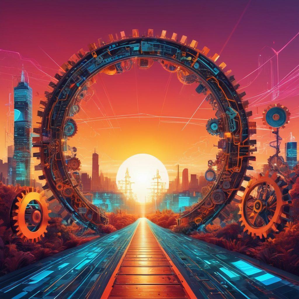 A dynamic landscape illustrating various technology elements like gears, circuit boards, and digital networks interwoven with a pathway leading to a rising sun symbolizing growth. Include diverse professionals collaborating, analyzing data, and interacting with futuristic devices. The scene should convey a sense of partnership and progress, with vibrant colors highlighting the optimism of technology. illustration. vibrant colors. futuristic style.