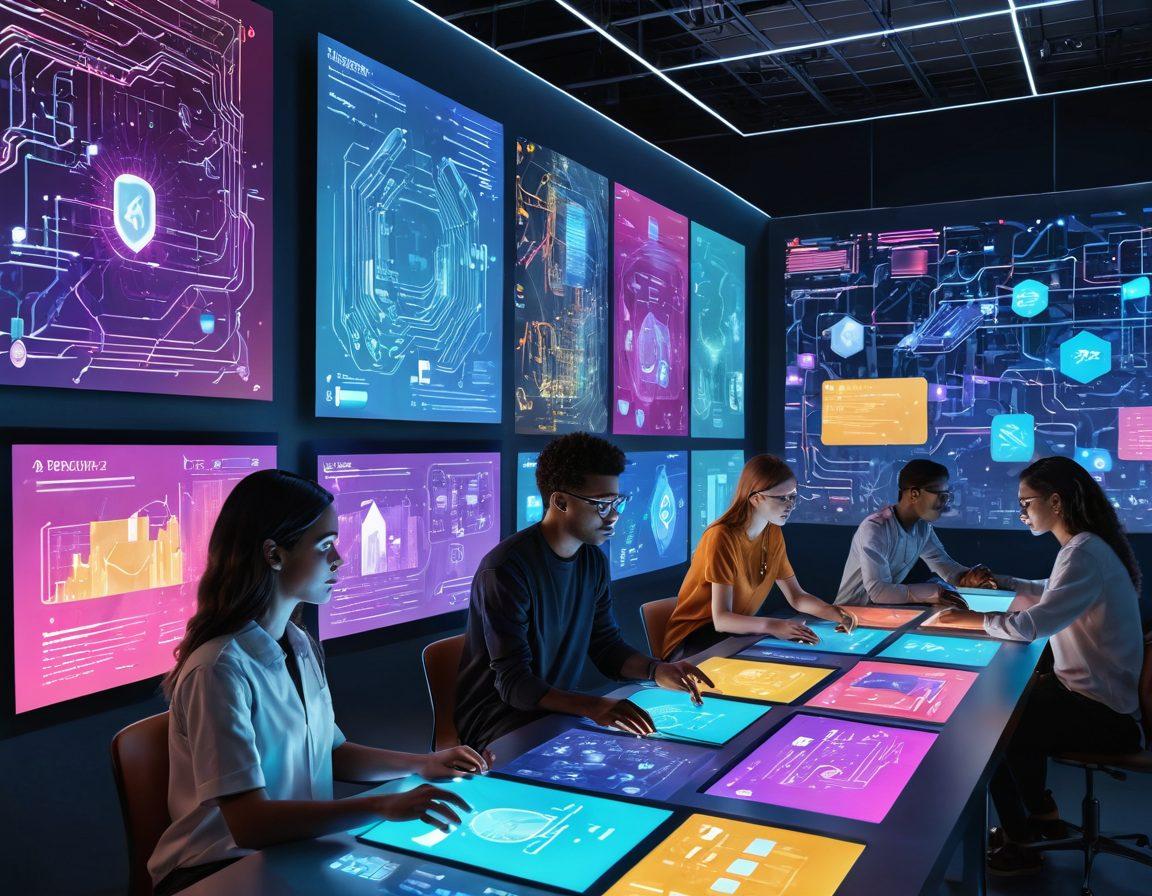 A futuristic digital landscape with vibrant tech icons representing various resources, such as coding, design, and AI. In the foreground, a diverse group of young individuals interacts with holographic screens, symbolizing collaboration and innovation. Bright colors radiate throughout the scene, portraying a sense of excitement and discovery. The background features abstract patterns of circuitry to enhance the tech theme. super-realistic. vibrant colors. 3D.