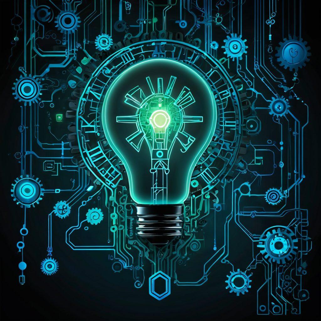 An abstract representation of a key unlocking a glowing lightbulb, symbolizing innovation. Surround the key and lightbulb with gears and circuit patterns to signify technology and growth. Use a dynamic color palette of blues and greens to evoke a sense of progress and energy. Include a hint of a digital cityscape in the background, merging creativity and technology. super-realistic. vibrant colors. 3D.